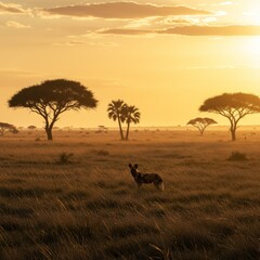 Naklejka premium African Wild Dog Silhouette at Sunrise in Savanna