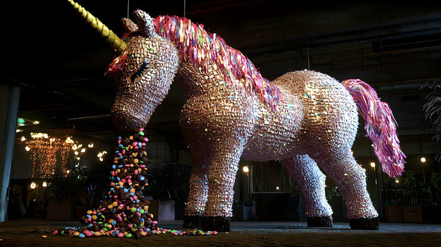A large, glittery unicorn sculpture vomits colorful candies.  Details show a sparkly, pink horse form,  with a horn, and copious amounts of confectionery spewing forth