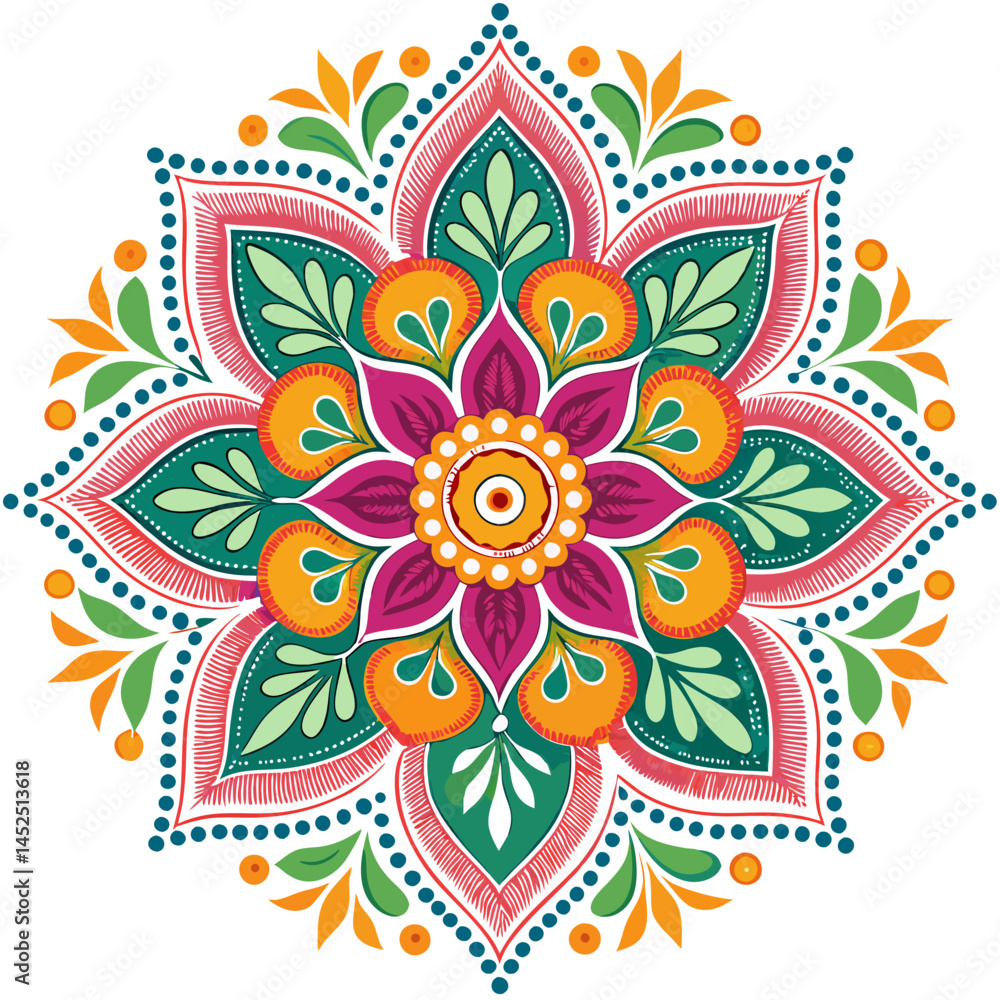 Poster design a bold, vector rangoli flower pattern with thick strokes. create a vibrant, symmetrical desig