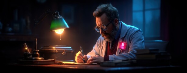 Thoughtful scientist engaged in a creative retro workspace, surrounded by books and a warm lamp, capturing a vintage comic book narrative essence.