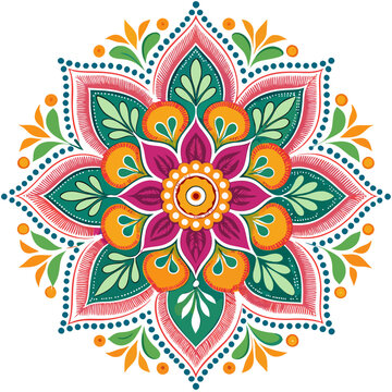 Design a bold, vector rangoli flower pattern with thick strokes.  Create a vibrant, symmetrical design suitable for printing.