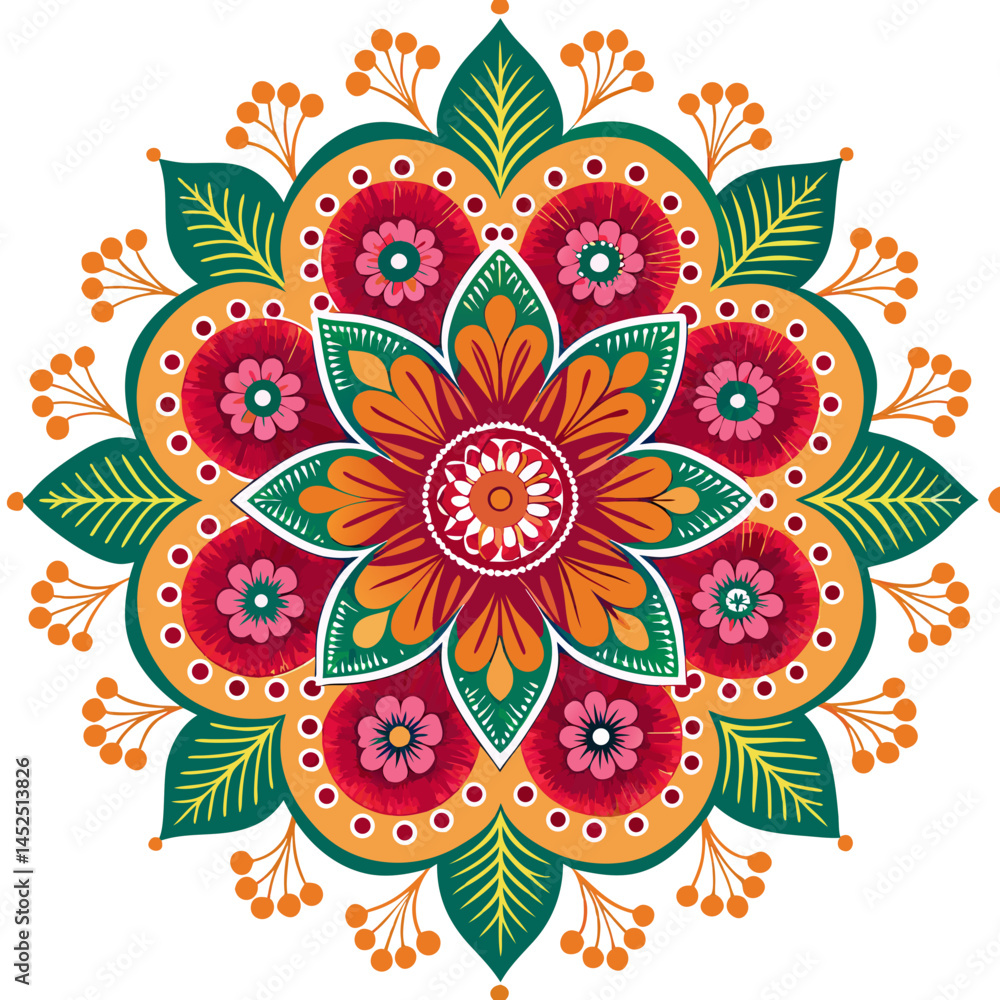 Poster create a vector illustration of a bold-stroked rangoli flower pattern, showcasing intricate details 