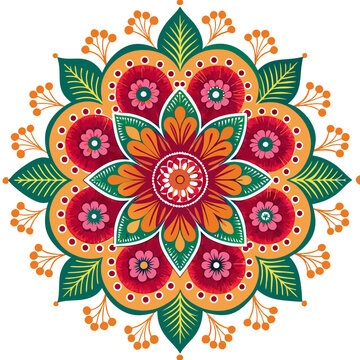 Create a vector illustration of a bold-stroked rangoli flower pattern, showcasing intricate details and vibrant colors.  Design should be suitable for print and digital use.