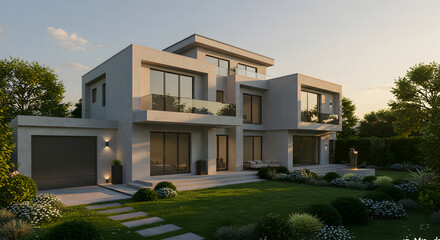 Fototapeta premium Modern Architectural Design Of A Luxury Villa With Landscaped Grounds