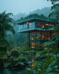 Obraz premium Modern Tropical Architecture with Glass Walls amidst Lush Landscape