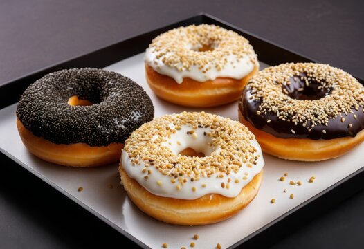 Three donuts white icing sprinkled on the tray