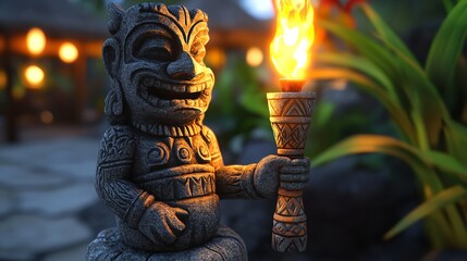 Tiki God Statue Holding Flaming Torch at Dusk Warm Light and Lush Foliage Background