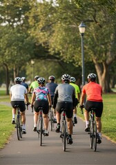 Naklejka premium Group of Cyclists Riding Bikes on a Park Road