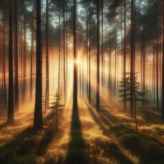 Obraz premium Pine Forest at Dawn Tall pines shrouded in gentle morning mist s