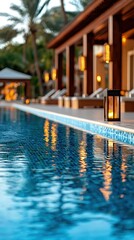 Serene Blue Pool at Night with Warm Lighting