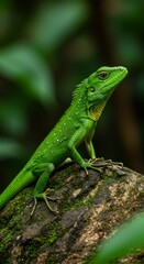 Fototapeta premium Green Lizard on Mossy Rock in Lush Forest