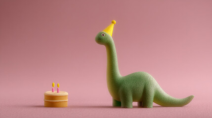 Fototapeta premium Green dinosaur figurine wearing party hat next to small birthday cake, on pink background, symbolizing children's party, celebration, joy