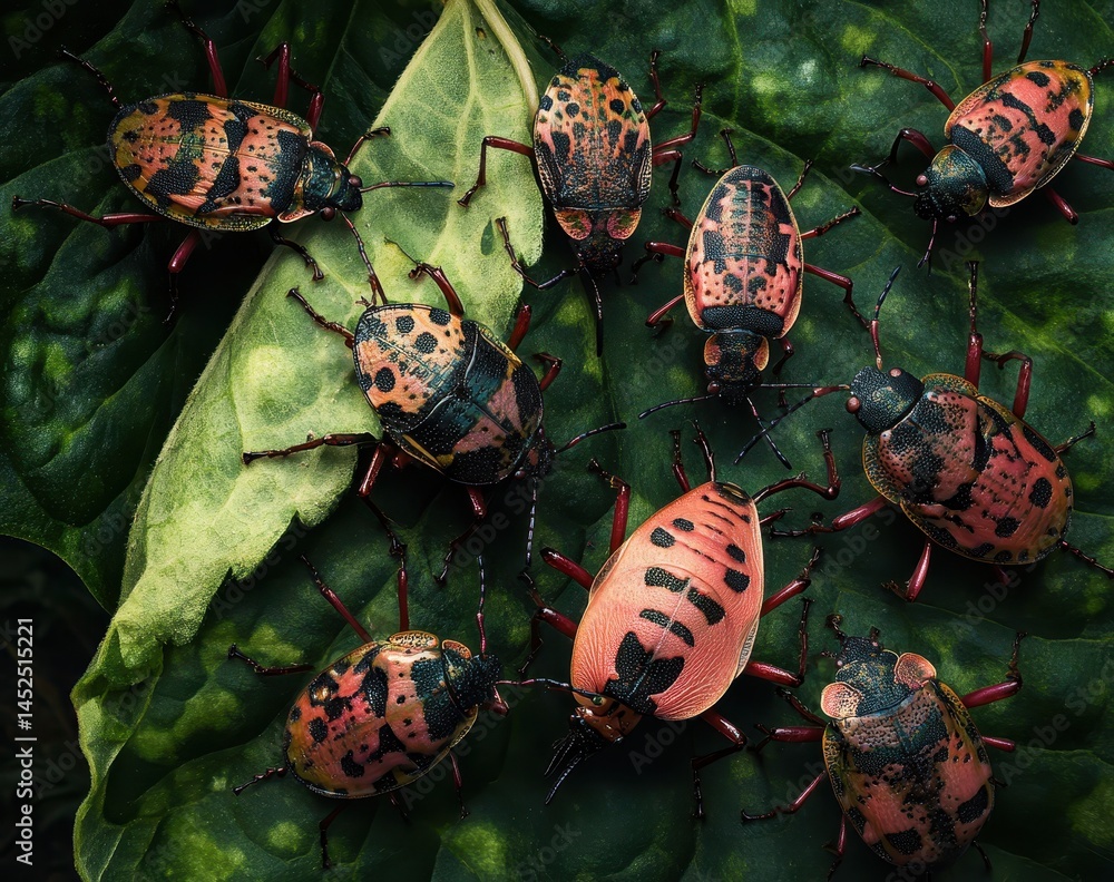 Poster group of colorful insects displaying intricate patterns and textures on lush green leaves in a vibra