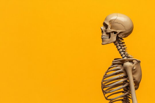 vitamins for joint and bone health. Anatomical human skeleton model in profile view, realistic style, isolated on bright yellow background. Concept of education and medical anatomy.