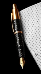 Gold-trimmed pen rests on a dotted pad against a dark backdrop, hinting at writing