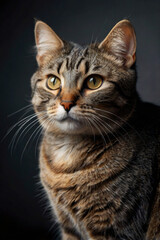 A portrait of a grey cat with a smooth, short-haired coat.