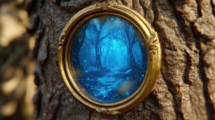 Enchanted forest scene in a golden frame on a tree trunk