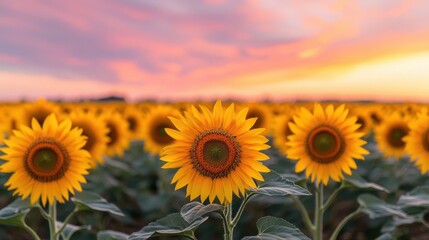Fototapeta premium Vibrant Sunflower Field Under Colorful Sunset Sky in Summer Evening