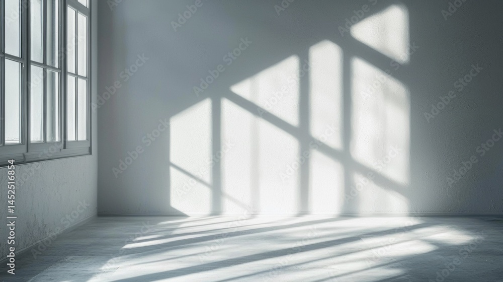 Poster Bright sunlight streams through large windows, casting intricate shadows across the bare walls and floor of the serene room, enhancing the tranquil ambiance