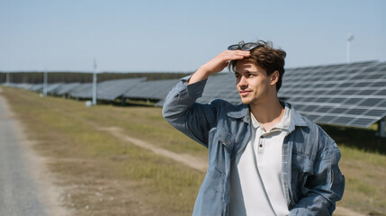 Young Gen Z man inspecting a solar farm, hopeful expression under clear skies