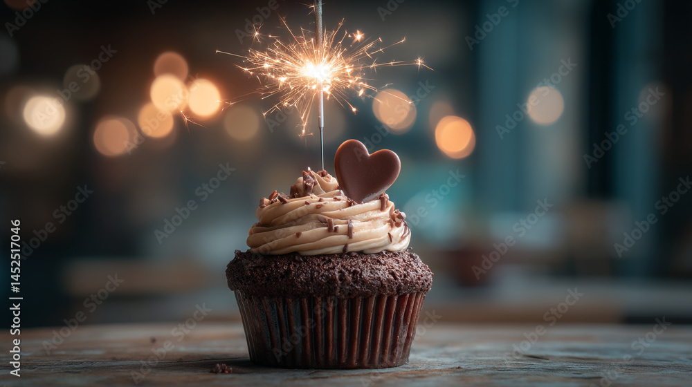 Poster a chocolate cupcake with frosting heart and sparkler on a wooden surface with bokeh background