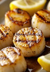 A close-up of grilled scallops with a lemon and garlic butter sauce, served on a plate