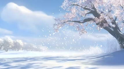 Serene Winter Landscape with Snow and Cherry Blossom Tree