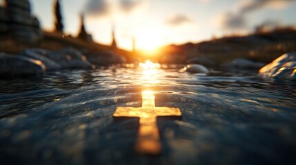Golden cross in a tranquil stream at sunset