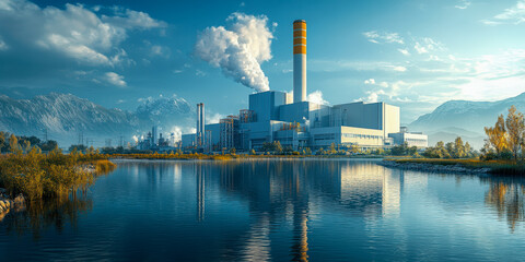 Naklejka premium Industrial complex nestled beside tranquil lake against backdrop of mountains and blue sky on a clear day