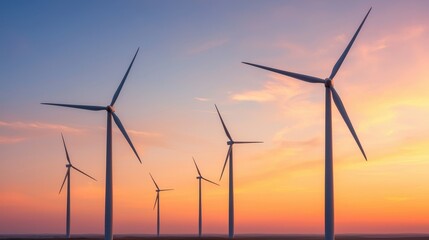 Fototapeta premium Wind Turbines at Sunset with Vibrant Sky and Renewable Energy Focus
