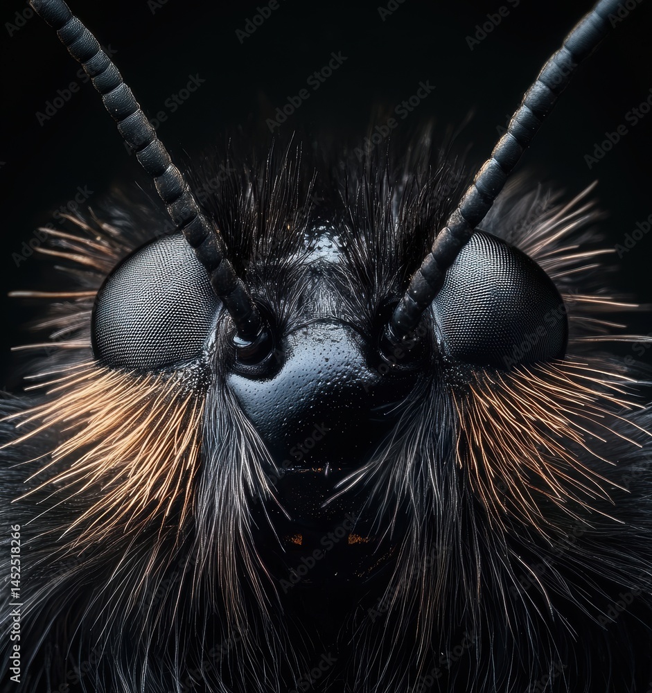 Poster macro close-up of a mysterious insect featuring intricate details of its black head, large compound 