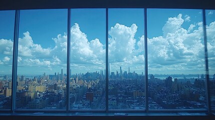 Cityscape view through large windows, skyscraper, urban panorama, sunny day
