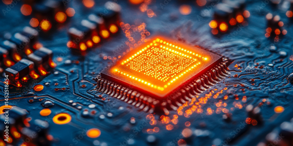 Poster highly detailed close-up of a glowing microchip on a blue circuit board showcasing advanced technolo