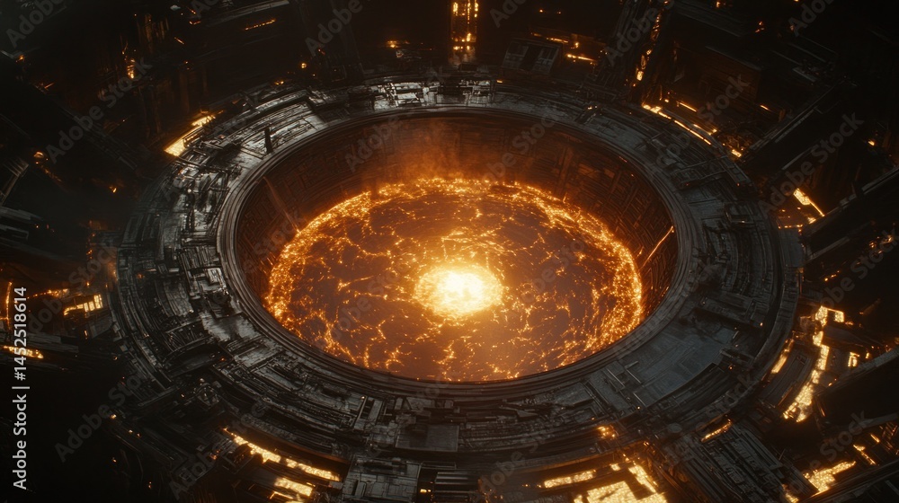 Aufkleber a fiery core within a complex, metallic structure