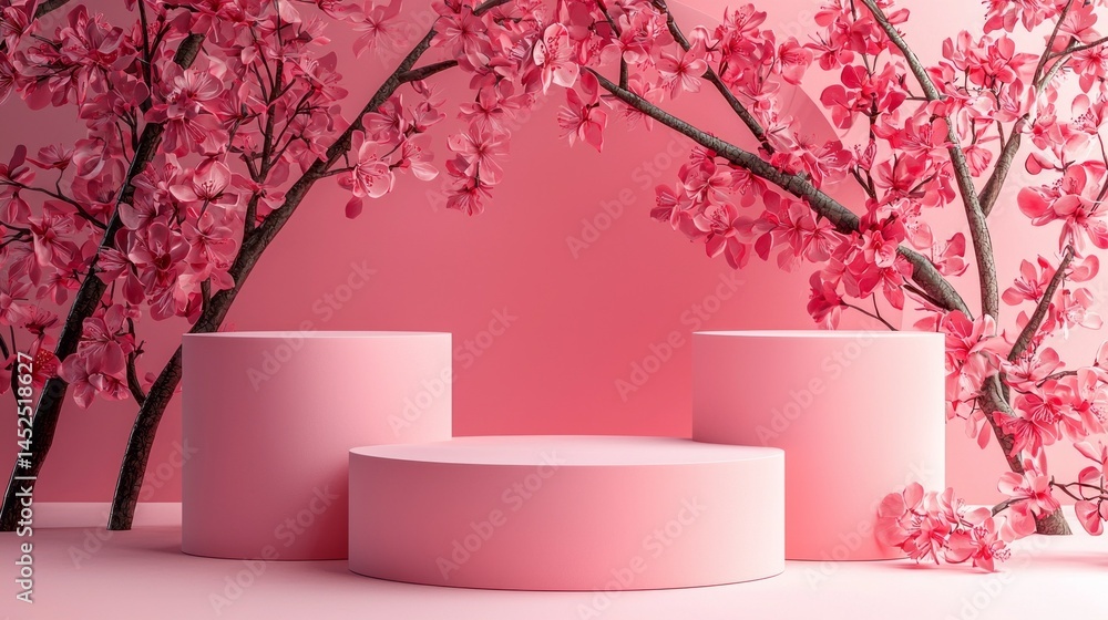 Poster Delicate cherry blossom branches frame circular display stands against a soft pink background, creating a serene and inviting atmosphere perfect for special events or artistic showcases