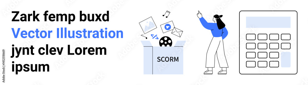 Poster scorm box releasing multimedia elements, woman pointing upward, large calculator. ideal for e-learni