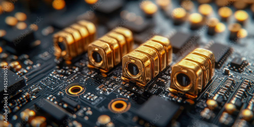 Poster close-up detail of circuit board showcasing intricate components and metallic elements in macro phot