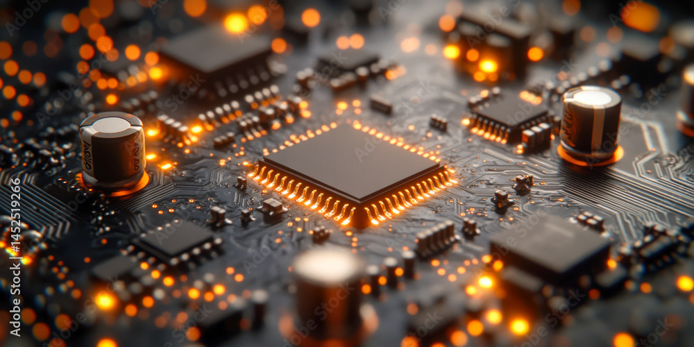 Fototapete exploring intricate circuitry illuminated by warm glow in a close-up view of technological component