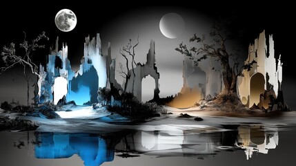 Obraz premium Moonlit, surreal landscape with ruined structures reflected in a still water