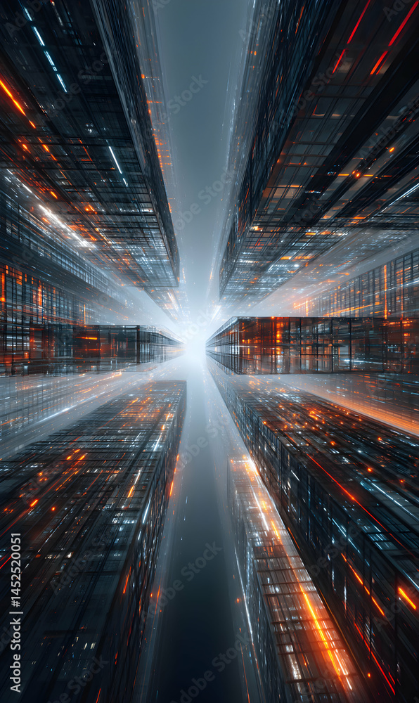 Poster abstract cityscape featuring towering structures reaching for the sky with glowing illumination patt