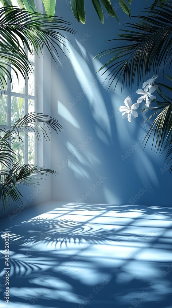 Poster Sunlight streams through a window adorned with palm leaves, creating intricate shadows on a blue interior. Delicate white flowers add a touch of serenity to the peaceful space