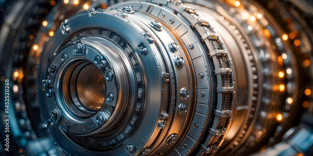 Poster intricate machinery showcasing fine details of a futuristic mechanical component illuminated by soft