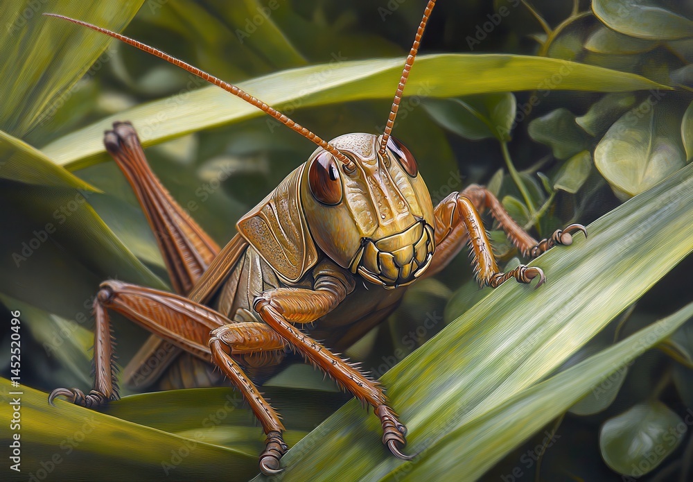 Poster realistic close-up of a colorful grasshopper on green leaves in a lush garden environment capturing 
