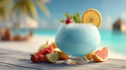 Refreshing cocktail poolside sunny day Refreshing blue cocktail with fruit garnishes by a beach.