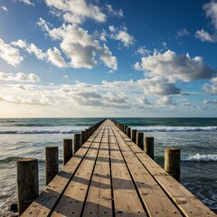 Obraz premium Wooden Pier Extending to Ocean Under Blue Sky
