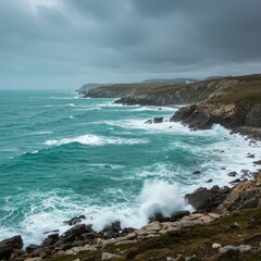 Turbulent Ocean Waves Crashing on Rocky Coast