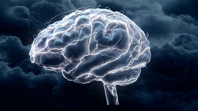 Powerful brain amidst a stormy sky