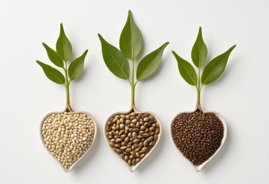 Inside the three spoons are different kinds of seeds and leaves