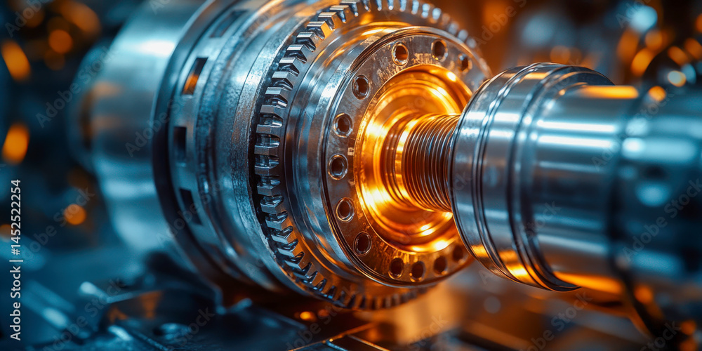 Poster close-up view of a finely crafted mechanical component showcasing intricate details and vibrant colo