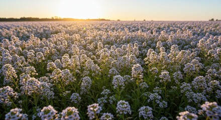 Fototapeta premium White Flowers Field at Sunset